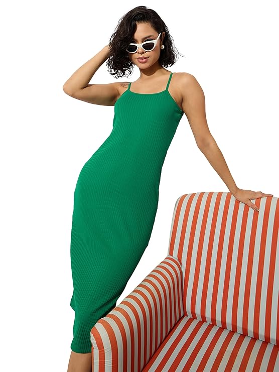 Black Rib Strappy Slip-on Dress