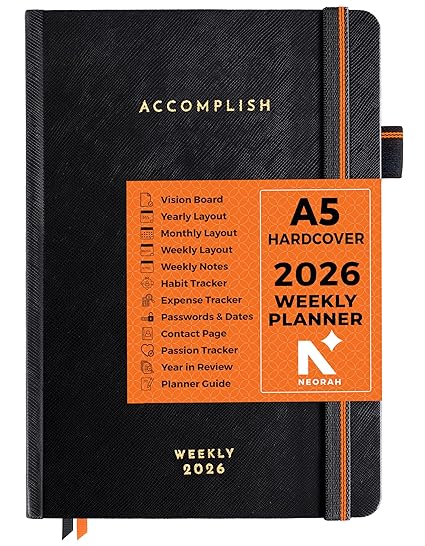 NEORAH A5 Dated WEEKLY Planner 2026 ACCOMPLISH264 Pages of Yearly |12 Month | 52 Week+24 Hours + Notes pages for each weekOffice Diary Academic diary - Hardcover [Pen Loop Attachable] (BLACK ONYX)