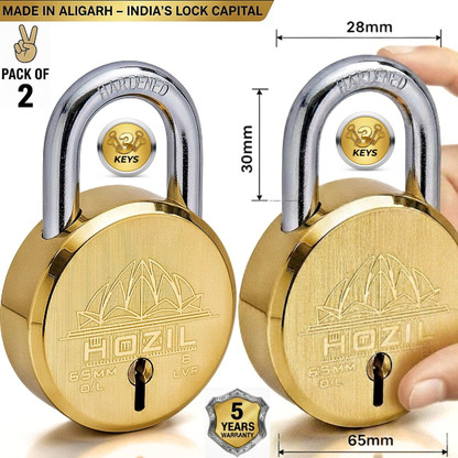 HOZIL 65MM Lotus Design | Hardened Shackle | Double Locking | 8 Levers (Pack of 2) Padlock (Gold)