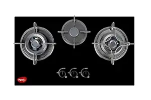 Pigeon Twinspark Hob 3 Burner Multi Spark Integrated Auto Ignition With Forged Burners, Scratch Resistant 6 mm Thick Toughened Glass Top For Easy Cleaning - Black