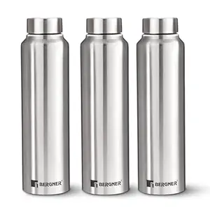 Bergner Walking Stainless Steel 3 Pcs (1000ml Each) Water Bottles with Screw Cap, Rustproof, Airtight & Leakproof Steel Bottle Set of 3 for Office, Home, College, Gym, Travel, Easy to Carry - Silver