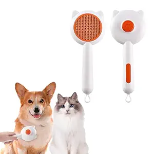 Small Dog and Cat Grooming Kit, Self Cleaning Cat Comb Hair Brush for Indoor Cats, Dog Deshedding Brush Grooming Kit, Pet Supplies Hair Remover Tool, One Click to Clean, (Orange)