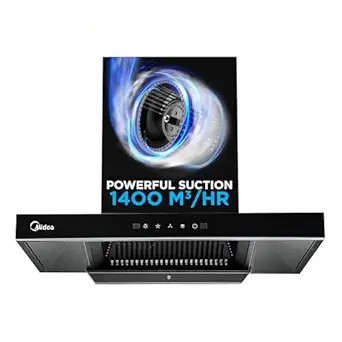 Midea 75 cm 1400 m3/hr Filter-less, Autoclean, Motion Sensor, T Shape kitchen Chimney with 2 Yrs Product and 10 Yrs Motor Warranty, Free Installation Kit (Falcon Auto Clean), Black