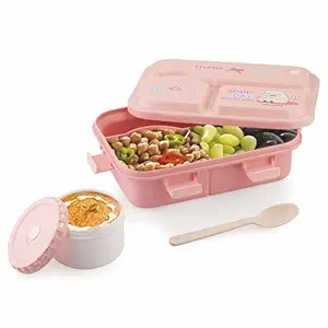 ATTRO Smiley Face Plastic Lunch Box 3 Compartment Bento Tiffin, Leak-Proof & Durable, Plastic Spoon, Ideal for Kids, School, Picnic 1220ml+200ml, Peach