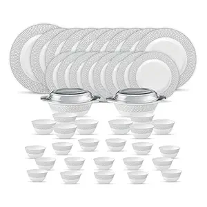 La Opala Diva Velvett Collection Opal Glass Crockery | for Family of 8 | Dinner Set 45 pcs Tudor Grey | Plates & Bowls for Dining | Microwave Safe | 100% Vegetarian | Extra Strong | Light & White