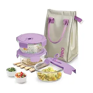 Treo by Milton Lumino Fresh Round Borosilicate Glass Lunch Box Set of 3, Purple Lid, 400 ml Each with Lunch Bag, Microwave & Dishwasher Safe, Leak Proof Containers Office Tiffin
