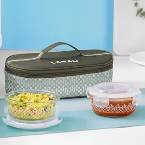 Gracia Borosilicate Glass Lunchbox with Bag | 2pc Round Container (400 ml Each)