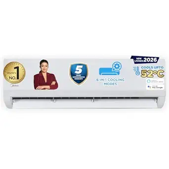 Midea 1.5 Ton 3 Star Wi-Fi AI Inverter Split AC(Copper, Convertible Gear 6-in-1, Turbo Mode, Dry Mode for Monsoon, Auto Clean&HD+PM 2.5 Filter, 2026 Model,Santis Max DLX Wi-Fi - MAI18SD3R36W0, White)