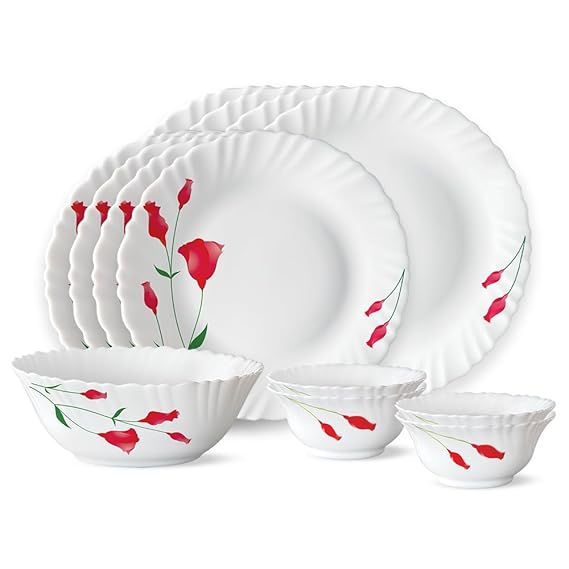 Larah by Borosil Fluted Series Diana Opalware Dinner Set of 4 Full Plate, 4 Quarter Plates, 4 Veg Bowls and 1 Serving Bowl | Bone-Ash Free Crockery Set for Dining Table (White, 13 Pieces)