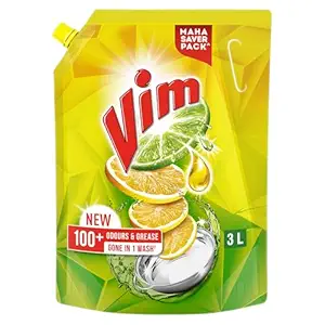 Vim Dishwash Liquid 3 L pouch | Removes 100+ Odours & Grease in 1 wash | With the power of 100 Lemons