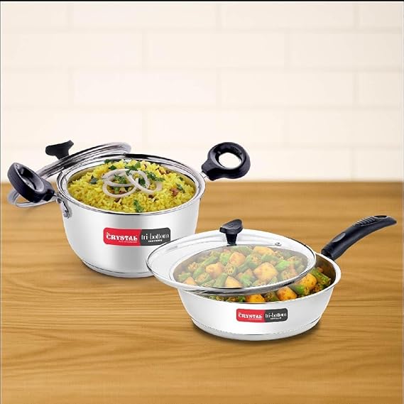 Crystal Tribottom 160Mm Casserole with Glass Lid + 225Mm Fry Pan with Glass Lid