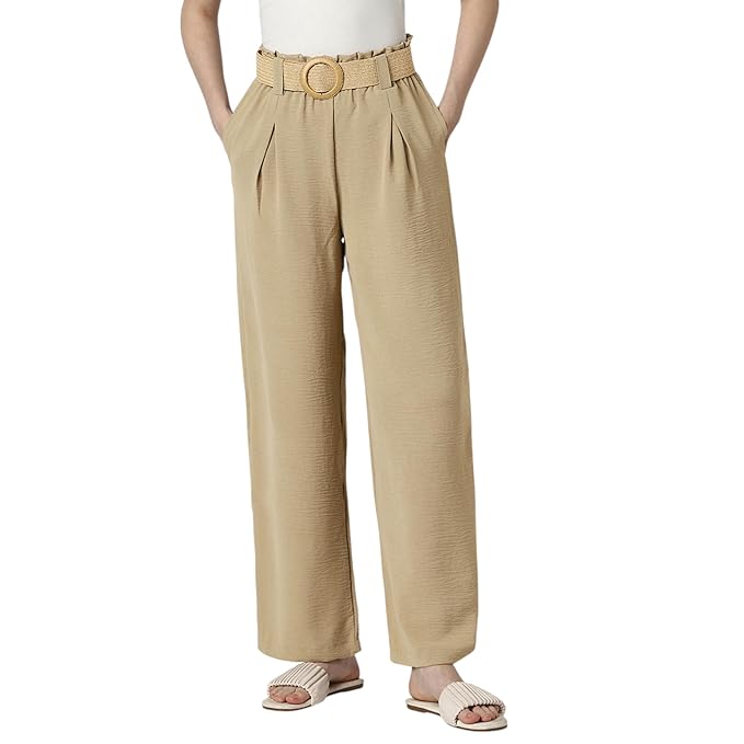 Van Heusen Women's Regular Fit Mid Rise Belted Casual Wide Leg Pants