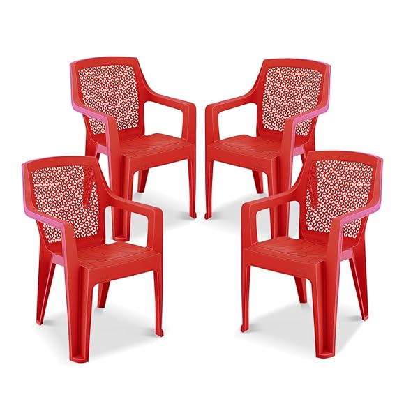 MAHARAJA Chair| Matt Pattern Plastic Chair for Home, Kitchen, Living Room, Office | Bearing Capacity up to 200Kg Plastic Outdoor Chair. (Red, Pack of 4)