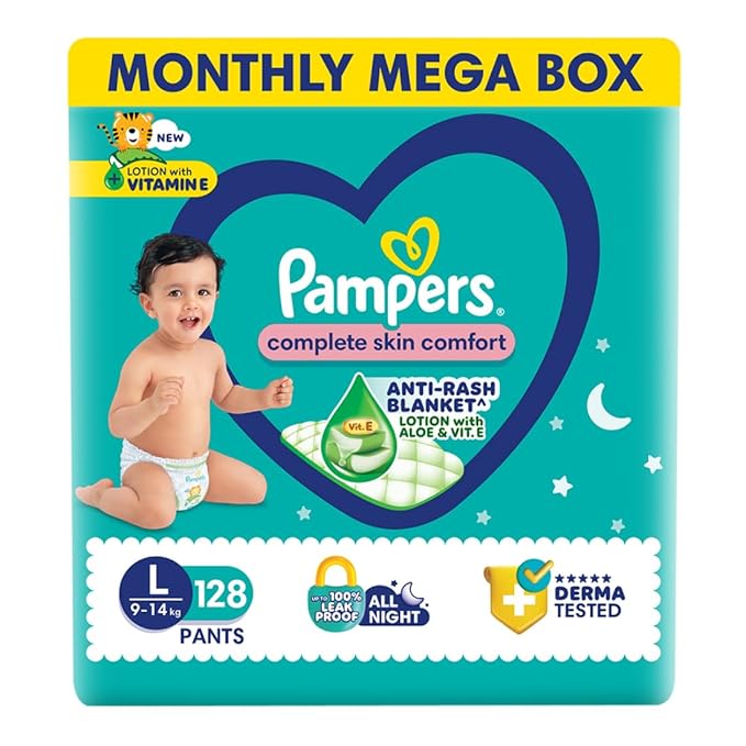 Pampers Complete Skin Comfort | Pant Style Diaper Large, 128 Count| Anti Rash up to 12 hrs