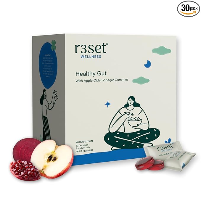 R3SET Apple Cider Vinegar Gummies - 30 Days | Natural Detox & Metabolism Support | Aids Weight Control & Gut Health | Daily Wellness I For Blood Sugar Support & Digestion I Strawberry Flavoured