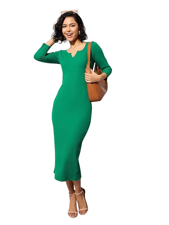 Black Rib Deep V-Neck Ankle Midi Dress