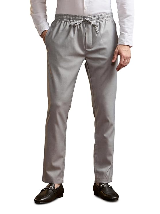 THE BEAR HOUSE Men's Solid Slim Fit Formal Trouser with Elastic Waistband