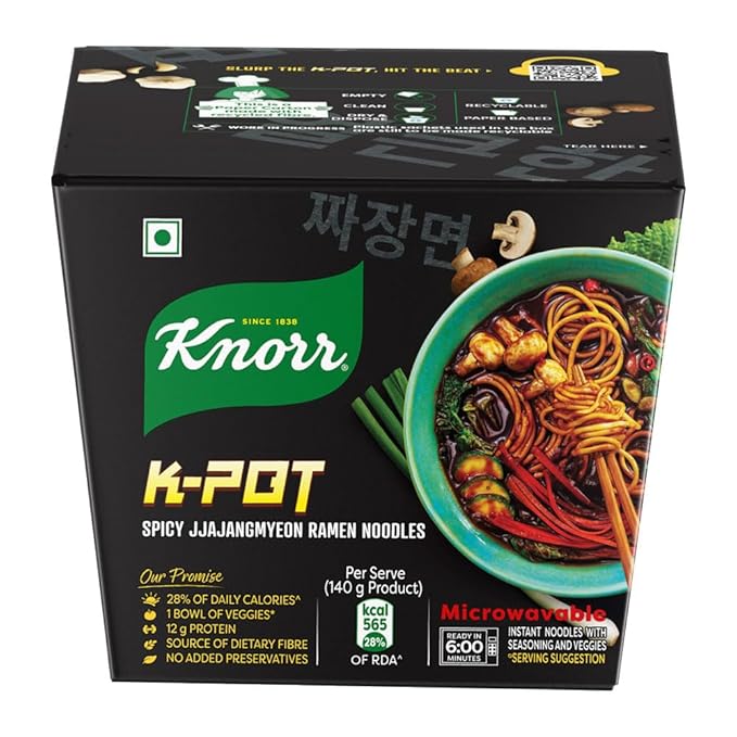Knorr Korean Meal Pot- Spicy Jjajangmyeon Ramen Noodles | Korean Noodles | Microwave only| Vegetarian| 140 gm l Pack of 1