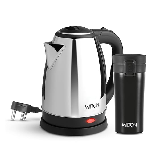 MILTON Go Electro 1.5L Fast Boil Kettle 1350W with 3x Safety Protection + 350ml Double Wall Vacuum Insulated Coffee Mug with Strainer, Stainless Steel Hot & Cold Combo for Home, Office, Travel,Gifting