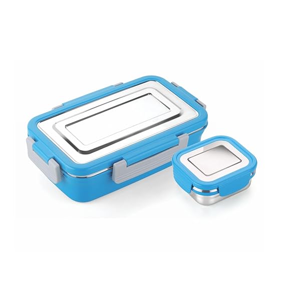 SignoraWare Smiley Stainless Steel Lunch Box | Airtight & Leakproof Lid | 700ml+130ml TBlue