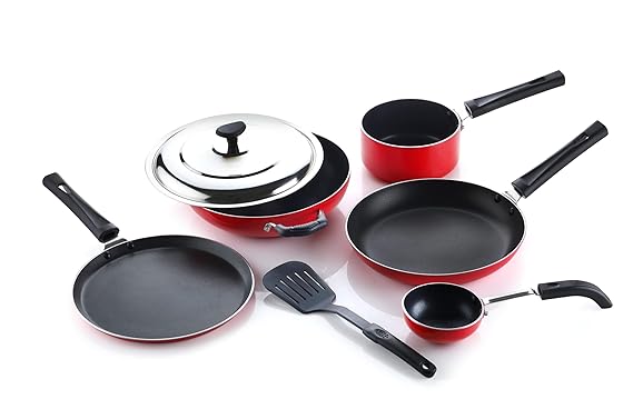 Crystal Classic Series 7-pc Non-Stick Cookware Set, PFOA Free, Tawa, Vagariya, Kadhai with SS Lid, Fry Pan, Sauce Pan, 1 Spatula, Red