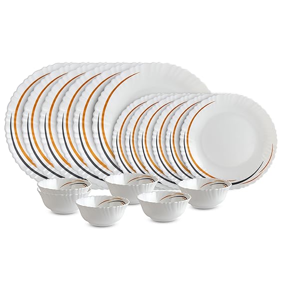 Cello Opalware Dazzle Series Golden Arc Dinner Set, 18 Units | Opal Glass Dinner Set for 6