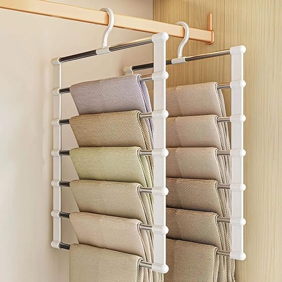 Space-Saving Stainless Steel Pants Hanger 6 in 1 - Foldable Multi-Layer Closet Organizer