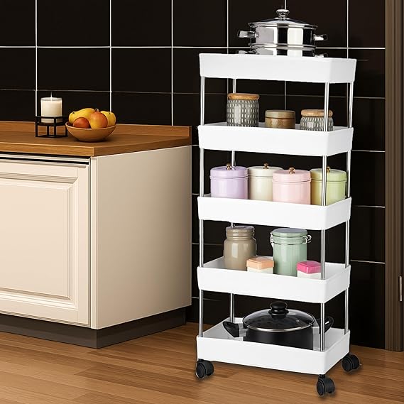 Amazon Brand - Solimo 5-Tier Stainless Steel Kitchen Trolley Rack with Wheels | Modular Storage Shelf for Vegetables, Fruits, Spices & Kitchen Organizer (21.5cm*40cm*88cm, White)