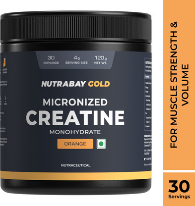 Nutrabay Gold Micronized Creatine Monohydrate, Pre/Post Workout, Flavoured Amino Acid Creatine (120 g, Orange)