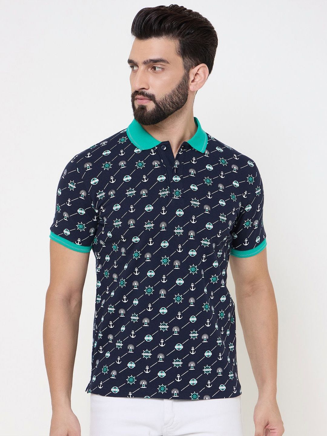 Men's Conversational Printed Polo Collar Cotton T-shirt