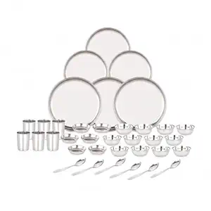 36 Pieces Stainless Steel Dinnerware/Dinner Set - 6 Thali, 6 D.Plate, 12 Bowl, 6 Glass, 6 Spoon, Kitchen Set for Home & Restaurants, Family - Silver,Solid