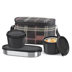 Milton Decker Lunch Box with Insulated Fabric Jacket, 2 Inner Stainless Steel Containers & 1 Oval Stainless Steel, Microwave Safe, Leak-Proof Tiffin for Office, Easy to Carry, Black