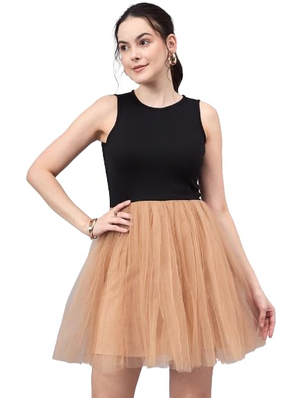 Style Quotient Women Black Beige Colourblocked Net Dress