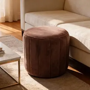 Round Velvet Ottoman Footstool | Pink Channel Tufted Pouf | Upholstered Ottoman Seating for Living Room Bedroom Home Decor