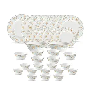 La Opala Diva Sovrana Collection Opal Glass Crockery | for Family of 6 | Dinner Set 33 pcs Medusa Gold | Plates & Bowls for Dining | Microwave Safe | 100% Vegetarian | Extra Strong | Light & White