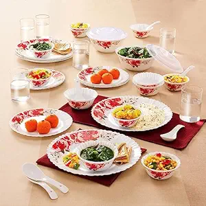 Larah By Borosil Rose Red Silk Series Opalware Dinner Set