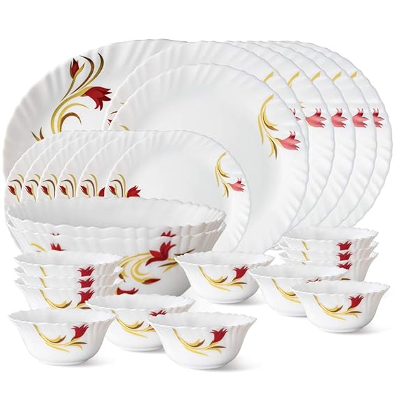 Larah by Borosil Fluted Series Red Lily Opalware Dinner Set | 27 Piece for Family of 6 | Microwave & Dishwasher Safe | Bone-Ash Free | Crockery Set for Dining & Gifting | Plates & Bowls | White
