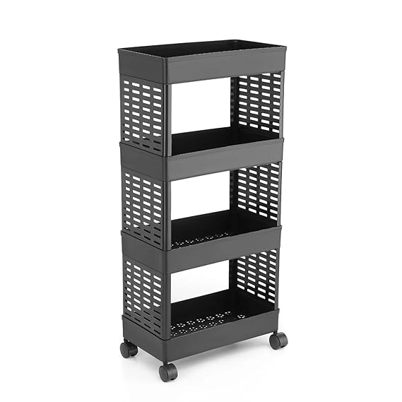4-Layer Plastic Storage Rack, Heavy-Duty PP Material, Matte Black, 28x25x43 cm, Open Shelf Design with Wheels, Tool-Free Assembly