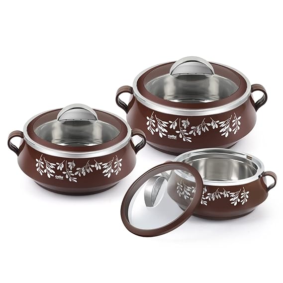 CELLO Glitter Casserole with Inner Steel | Insulated Stainless Steel Inner Body Casserole Set for Meal| chapati| Curry| roti, 3 Unit, Brown