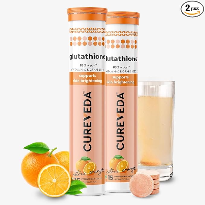 Cureveda Glutathione 500mg with Vitamin C 30 Tabs | Skin Brightening & Radiance Supplement | Supports Depigmentation & De-tanning | No Artificial Sugar & Additives (15 Count (Pack of 2), Orange