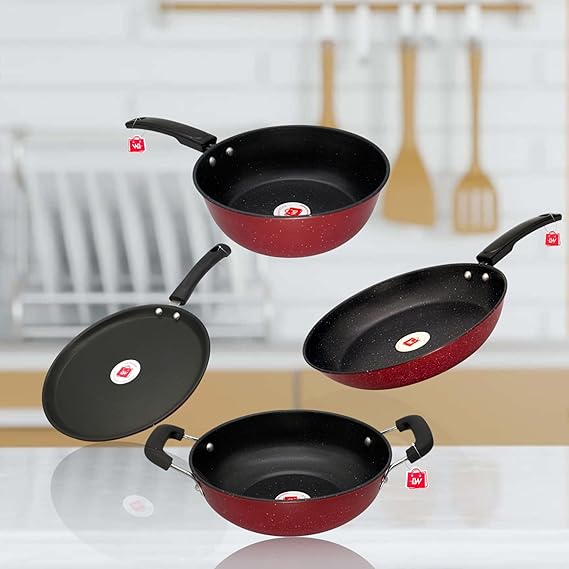 LAZYwindow Kitchen Cookware Set with Sauce Pan, Fry Pan, Dosa Tawa, Kadhai, Non-Stick, 4 Count, Red