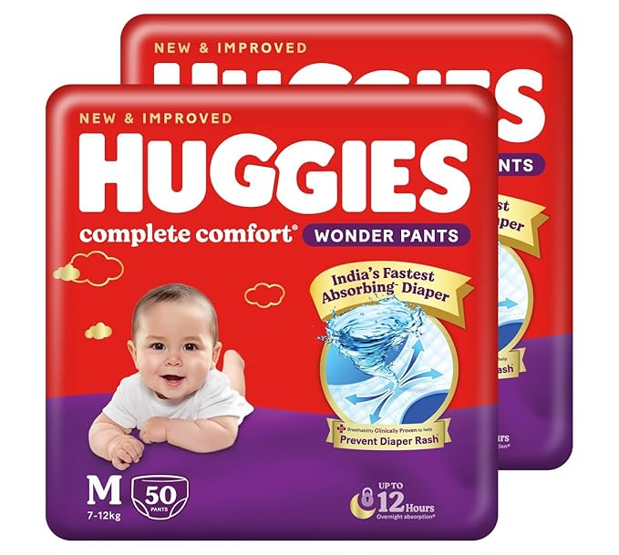 Huggies Complete Comfort Wonder Pants | Pant Style Baby Diapers Medium Size (M), 100 Count | India's Fastest Absorbing Diaper, Prevents Diaper Rash, Ideal for 7 to 12 Kgs (50 Count, Pack of 2)