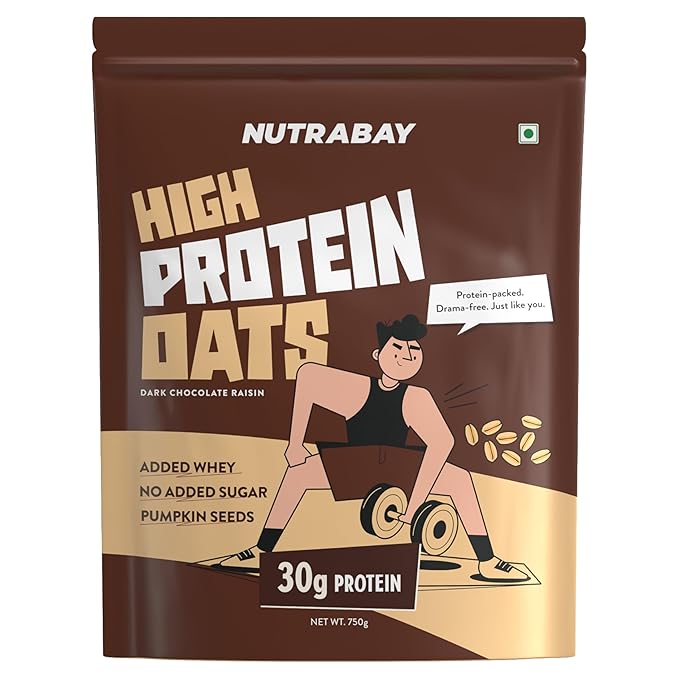 Nutrabay High Protein Oats - 750g, Dark Chocolate Raisin | 30g Highest Protein Oats Ever with Whey Protein Concentrate & Pea Protein Isolate | Zero Added Sugar