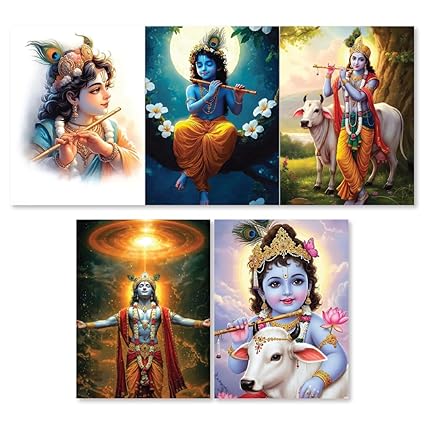 Krishna Ji Devotional Wall Posters, Premium 300 GSM, HD Quality, Matte Finish, 22x32 cm, Set of 5 with Glue Drops