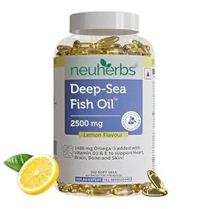 Neuherbs Deep Sea Omega 3 Fish Oil Capsules- 200 Softgels for Men & Women|892 Mg EPA and 594 Mg DHA|Omega-3 Fish oil Triple Strength 2500 Mg Supplement for Muscle,Brain & Joints Support|Lemon Flavour