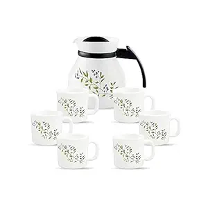 La Opala Novo Collection Opal Glass Crockery | Coffee Set 7 pcs | Coffee Mug with Coffee Pot, Lush Greens | for Tea & Coffee | Microwave Safe | 100% Vegetarian | Extra Strong | Light & White