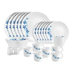 Cello Dazzle Series Blue Swirl Opalware Dinner Set | 28Pcs | White | Best for Special Occasion & Gifting Purpose