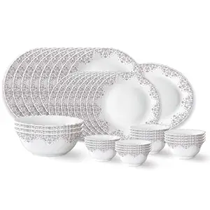 Larah by Borosil Lark Fluted Series Opalware Dinner Set | 36 Pieces for Family of 8 | Microwave & Dishwasher Safe | Bone-Ash Free | Crockery Set for Dining & Gifting | Plates & Bowls | White