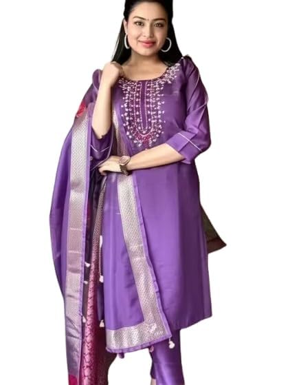 Women's Chanderi Silk Kurti with Rayon Slub Pants & Dupatta | Printed Three-Quarter Sleeve Ethnic Set 6 Purple