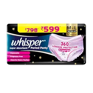 Whisper Super Absorbent Period Panty, 12 M-L Pants, 360 Degree Leakage Protection*